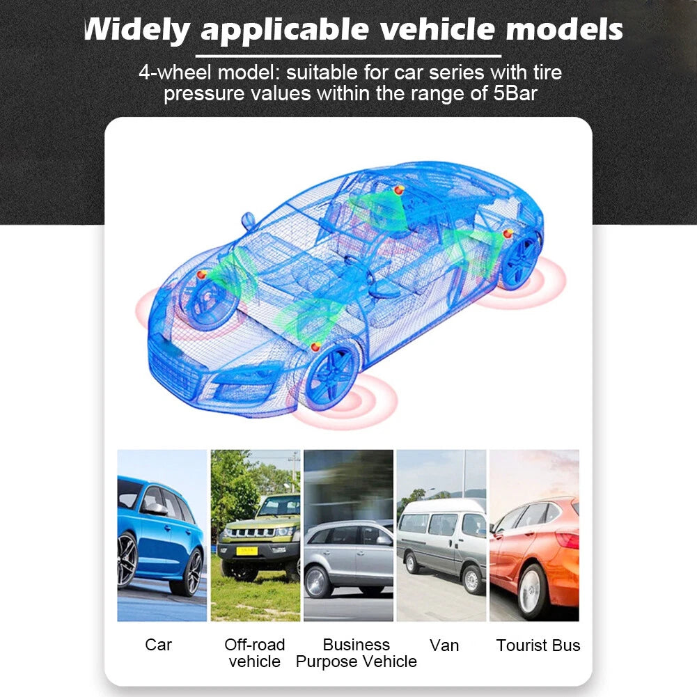 Tire Pressure Monitoring System with 4 Sensors Solar and USB Charging LCD Display