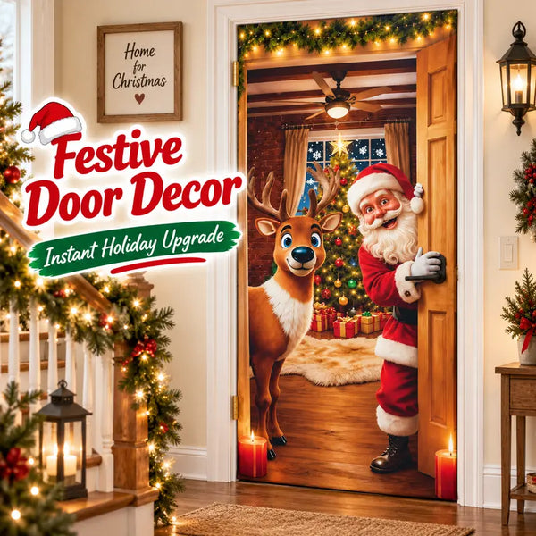 Christmas Door Cover - Stretch Fit Santa & Reindeer Door Decoration with 4-Side Elastic Edges