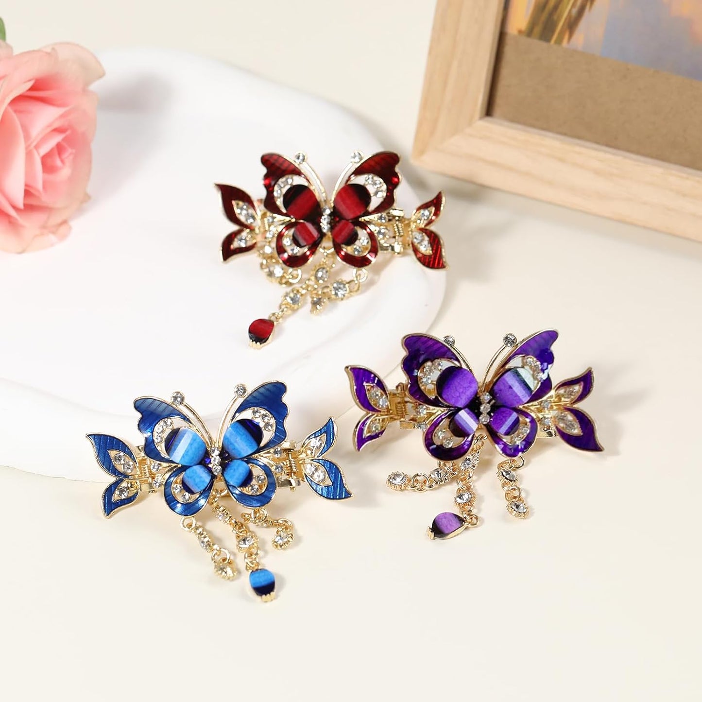 3PCS Bohemian Butterfly Tassel Hair Clips with Rhinestones
