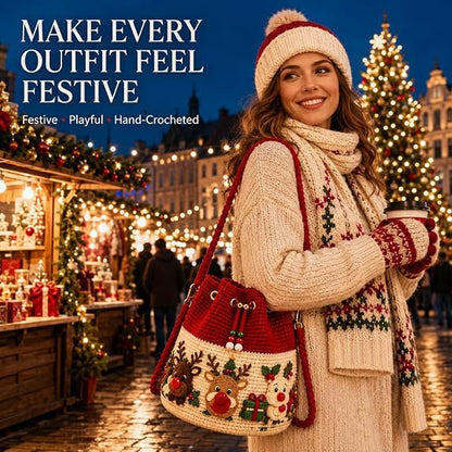 Christmas Crochet Bucket Crossbody Bag with Drawstring