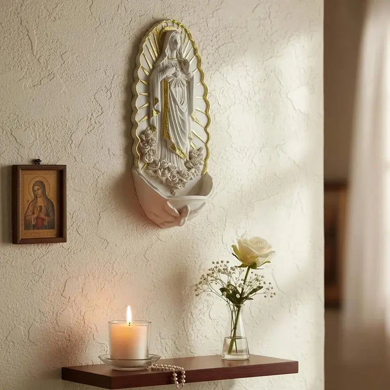 Wall Mounted Virgin Mary Holy Water Font with Rosary Holder