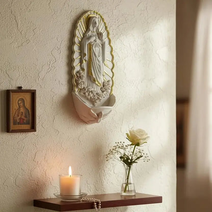 Wall Mounted Virgin Mary Holy Water Font with Rosary Holder