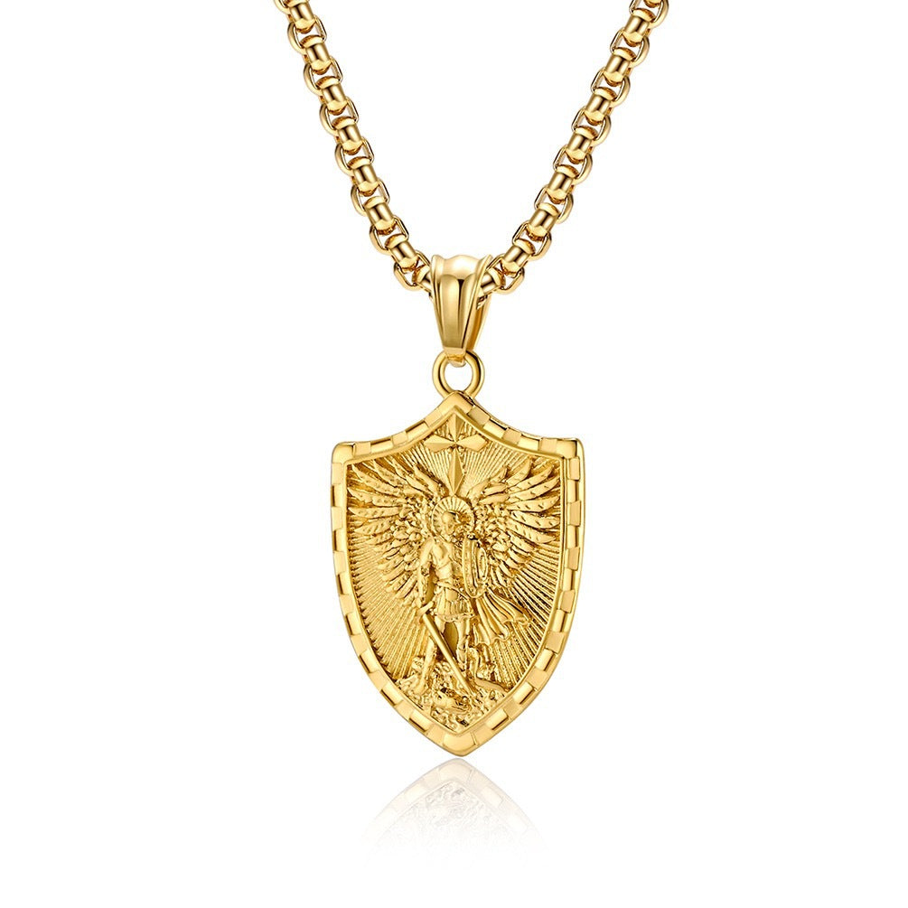 Stainless Steel St. Michael Shield Pendant Necklace for Men