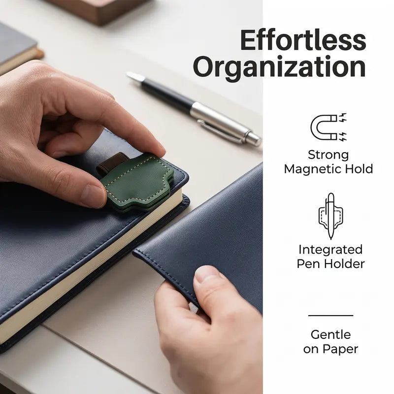 3PCS Magnetic Leather Bookmark with Pen Holder