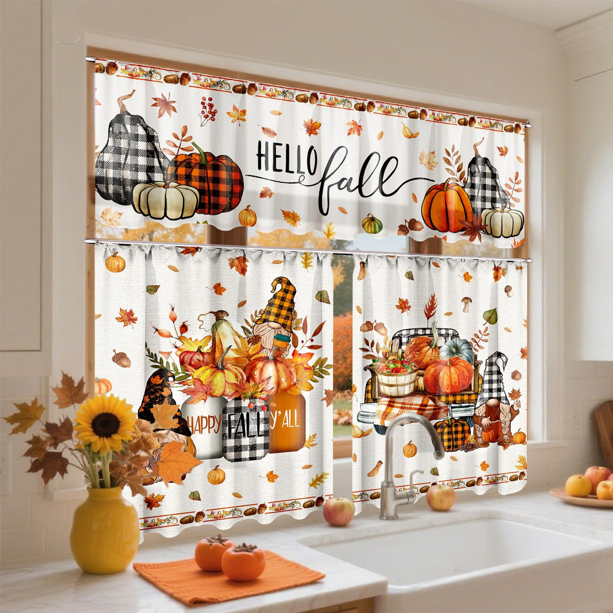 3 Pcs Fall-Halloween Kitchen Curtain Valance Tiers Set