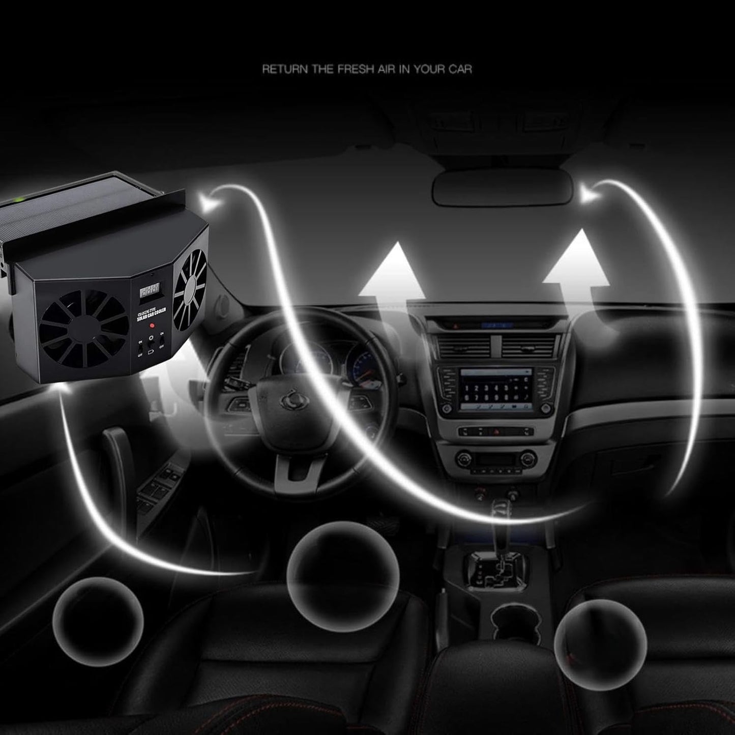 Solar Powered Car Window Fan, Dual-Head with Real-Time Temperature Display