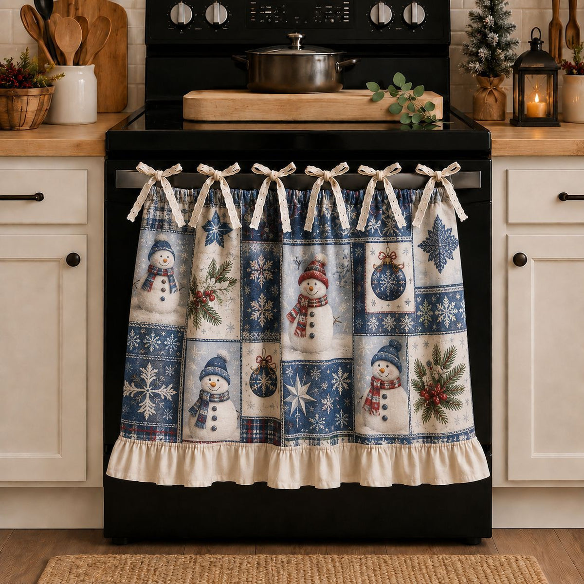 Christmas Stove Skirt, Patchwork Oven Curtain with Ruffled Trim and Bow Tie Accents