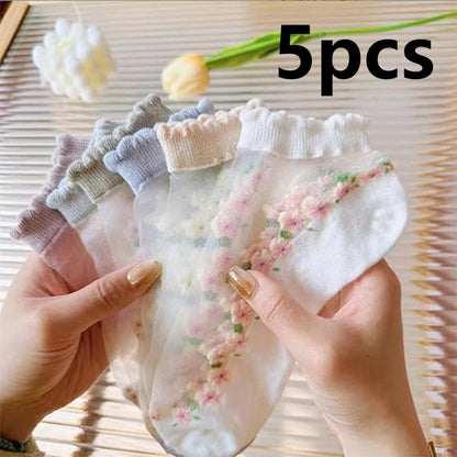 5PCS Summer Lace & Crystal No-Show Socks
