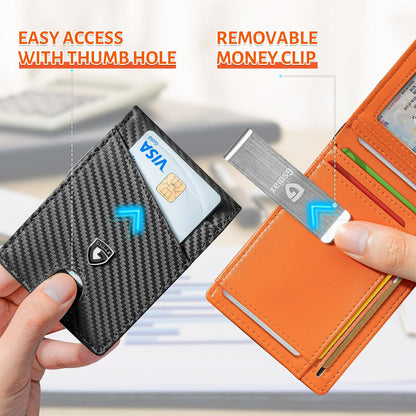 Slim Wallet for Men - Minimalist Genuine Leather Carbon Fiber Rfid Blocking Bifold Credit Card Holder