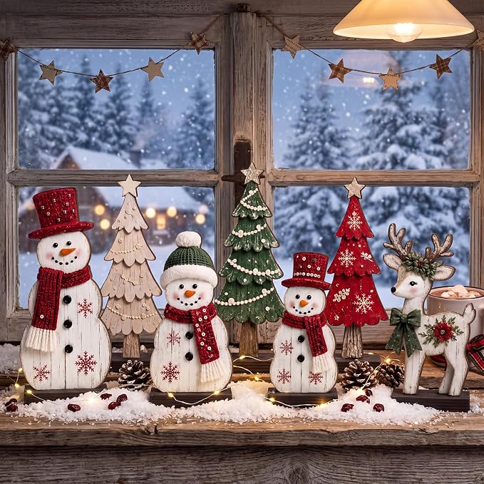 7 Pcs Christmas Table Decor Wooden Snowman Tree Deer Decor