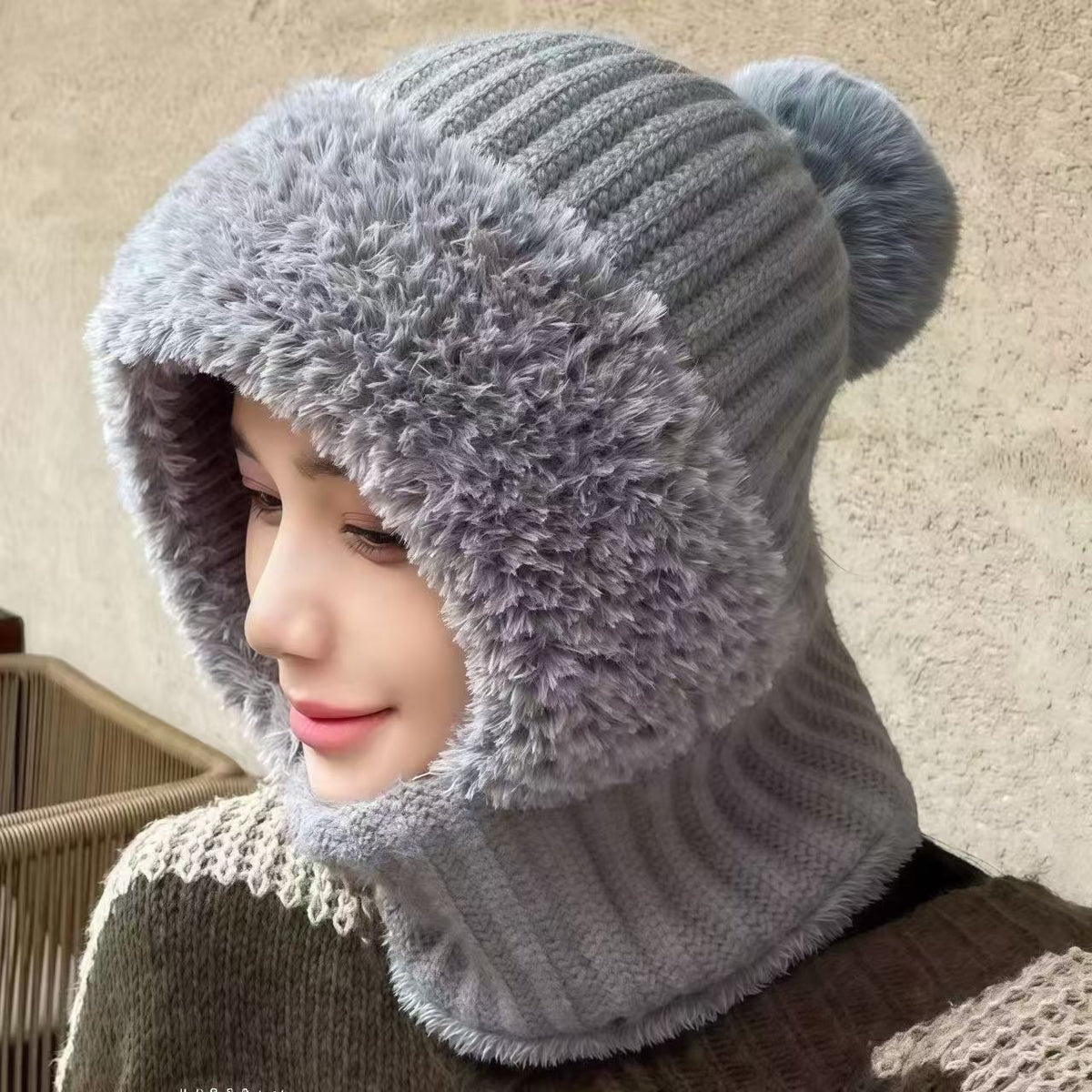 Womens Knit Beanie Hat Fleece Lined Winter Scarf Mask Set Snow Caps Plush Earmuff Skull Hats with Pompom