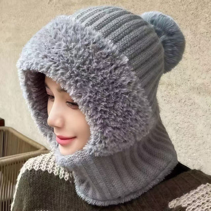 Womens Knit Beanie Hat Fleece Lined Winter Scarf Mask Set Snow Caps Plush Earmuff Skull Hats with Pompom