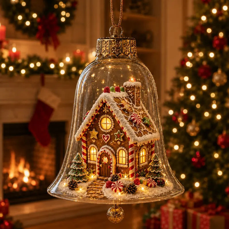 Miniature festive scene Christmas tree with glowing bell decoration