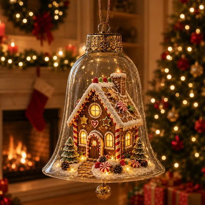 Miniature festive scene Christmas tree with glowing bell decoration