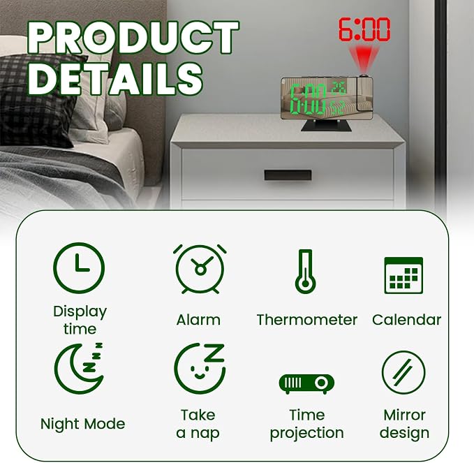 Digital Alarm Clocks,Projection on Ceiling Wall Digital Clock with 180° Rotatable Projector RGB Night Light