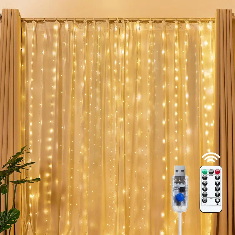 300LED USB-Powered Curtain Fairy Lights with Remote Control