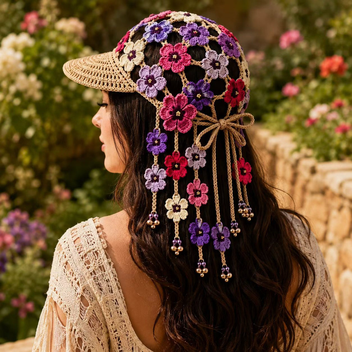 Handmade Crochet Sunflower Tassel Bell Hat