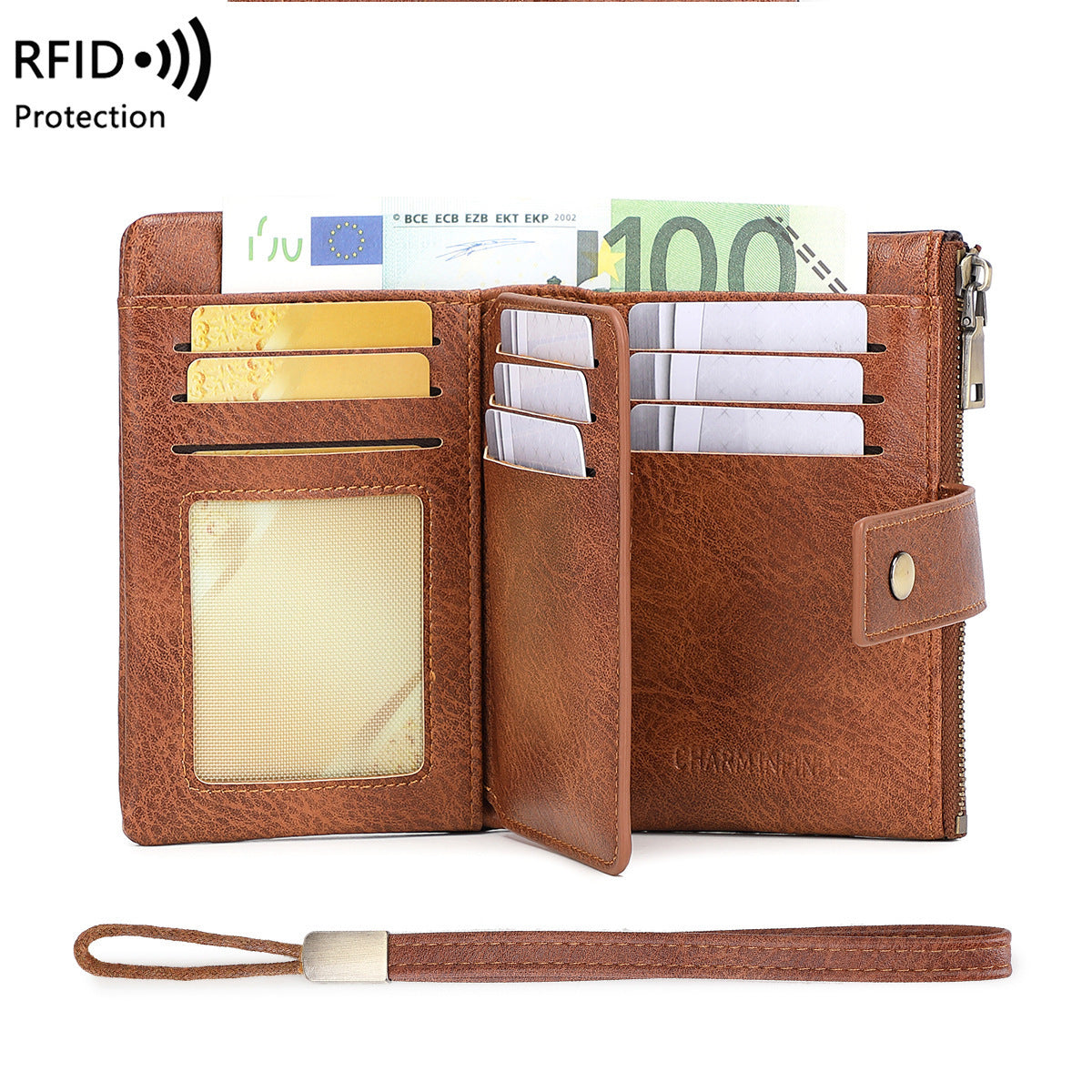Women RFID Blocking Soft Leather Tri-fold Large Capacity Compact Card Holder with Zipper Coin Pocket 2 ID Window