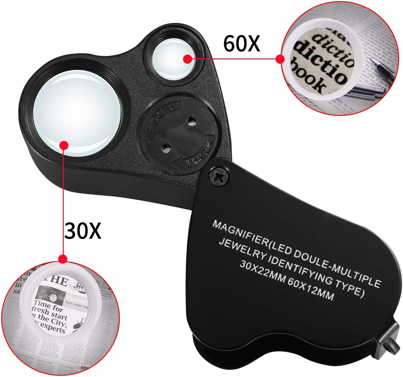 LED Jewelry Loupe 30x 60x Magnifying Glass with Light