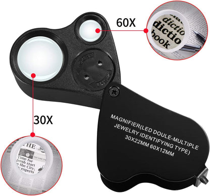 LED Jewelry Loupe 30x 60x Magnifying Glass with Light