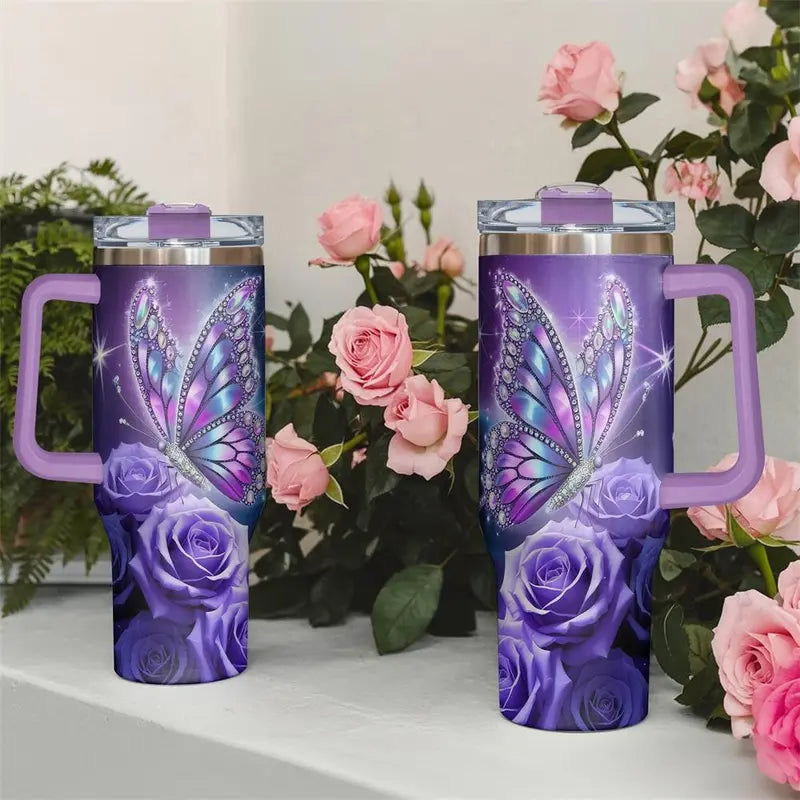 Butterfly & Rose Pattern Tumbler, 40oz Stainless Steel Insulated Travel Tumbler with Lid