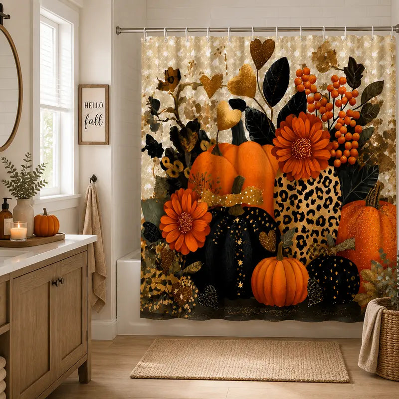 Autumn Harvest Themed Shower Curtain with Pumpkin Leaf, Berry, and Star Print