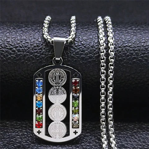 Saint Benedict Pendant Necklace, Mix Color Stainless Steel Christian Medallion