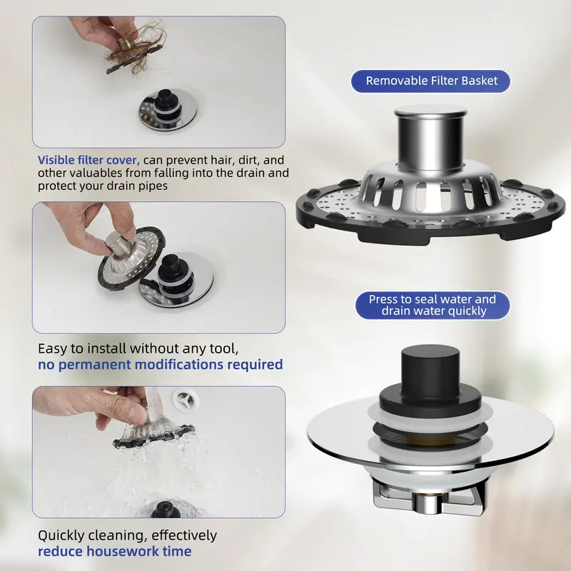 Innovative 3 in 1 Pop-up Bathtub Strainer Fit for Standard 1.5 to 2.4in Drain Hole