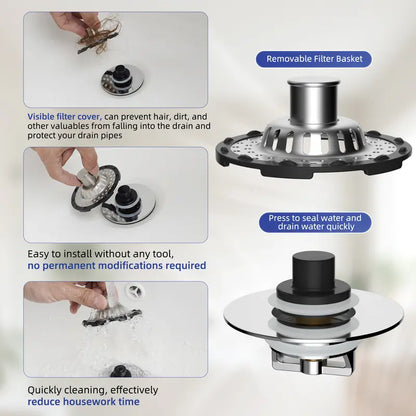 Innovative 3 in 1 Pop-up Bathtub Strainer Fit for Standard 1.5 to 2.4in Drain Hole