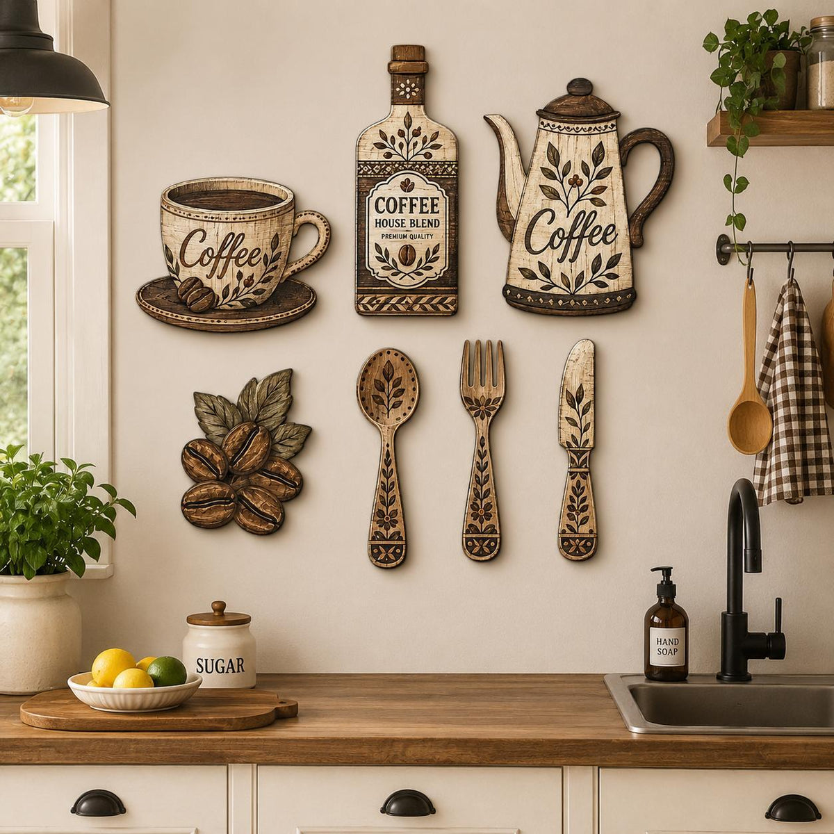 7-Piece Wooden Kitchen Wall Decor Set, Coffee-Themed