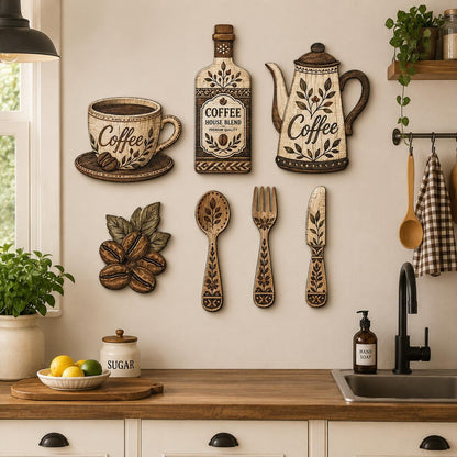 7-Piece Wooden Kitchen Wall Decor Set, Coffee-Themed