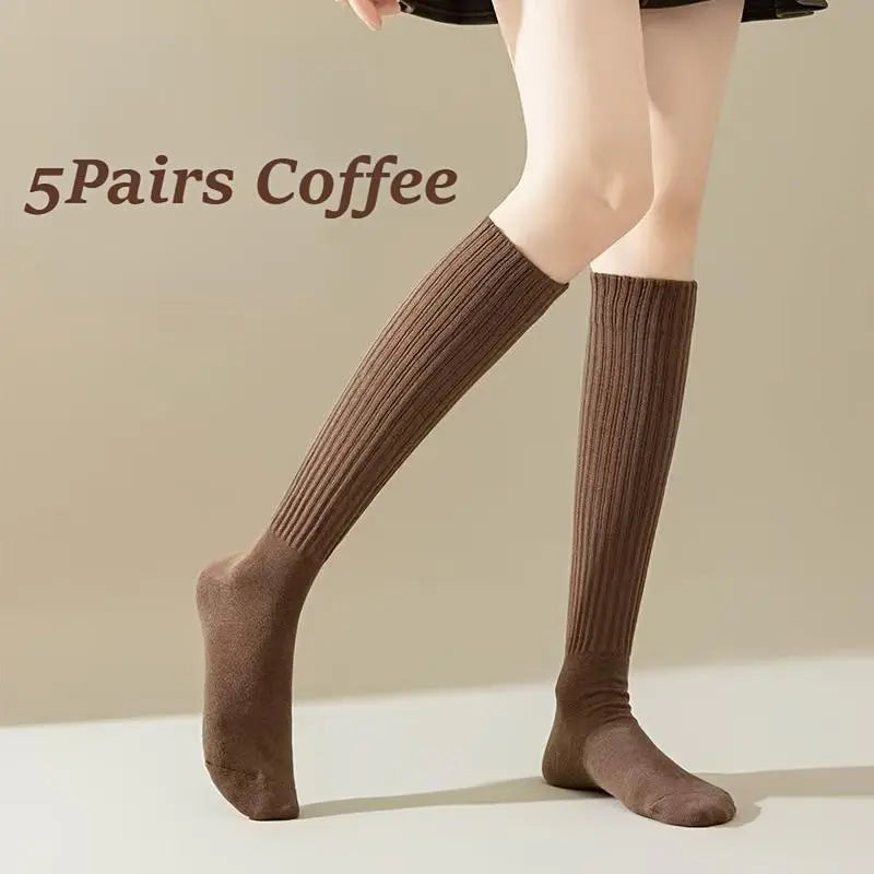 Women's 5-Pair Pack Thermal Thickened Mid-Calf Socks – Slim-Fit Solid Color with Side Stripe