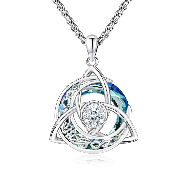 Women's Celtic Birthstone Necklace - Trinity Knot-Triquetra Crescent Moon Pendant