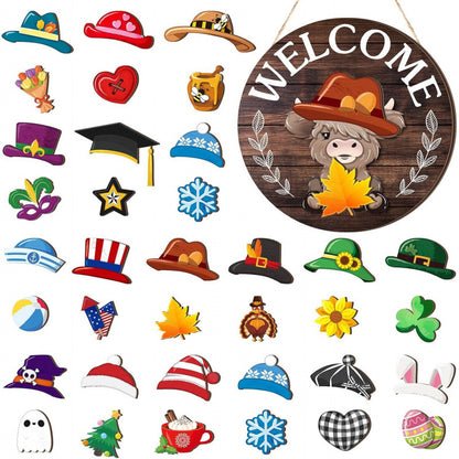 Highland Cow-Shaped Interchangeable Welcome Sign