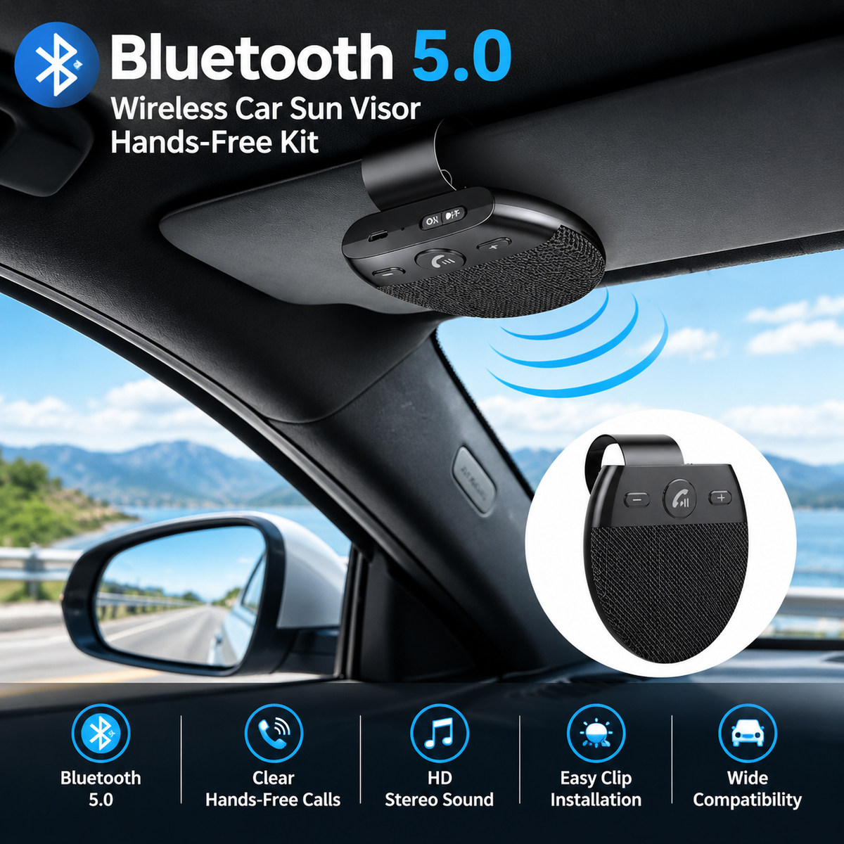 Bluetooth 5.0 Wireless Car Sun Visor Hands-Free Kit