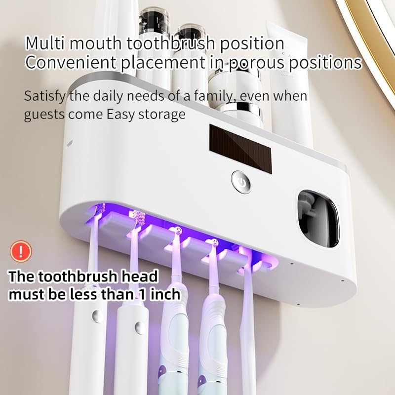 Toothbrush Holder Wall Mounted with Toothpaste Dispenser Bathroom Solar Charging and No Drilling Required Tooth Brush Holder with 5 Brush Slots