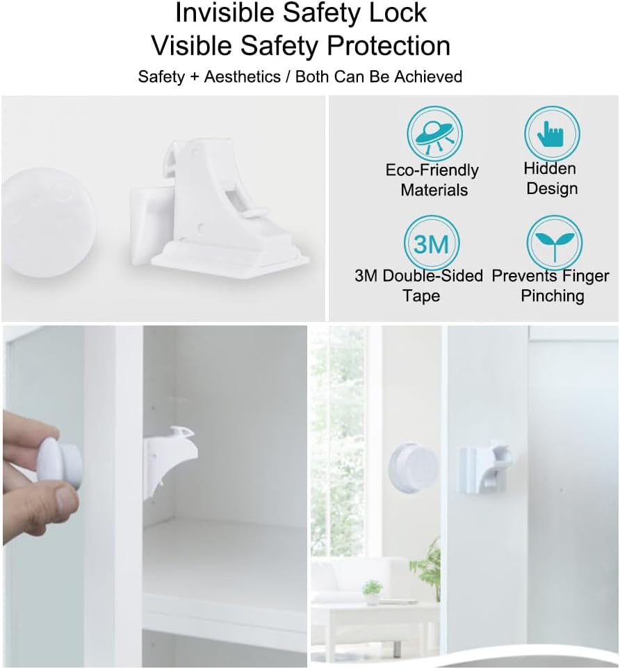 4Pcs Cabinet Locks Kit- 1 Key Included, Adhesive Installation No Drilling