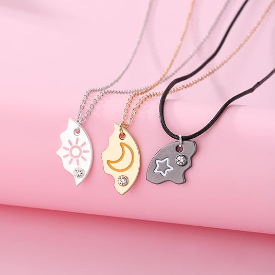 3-in-1 Best Friendship Necklaces for 3, Sun Star Moon Puzzle Matching Pendant Necklace