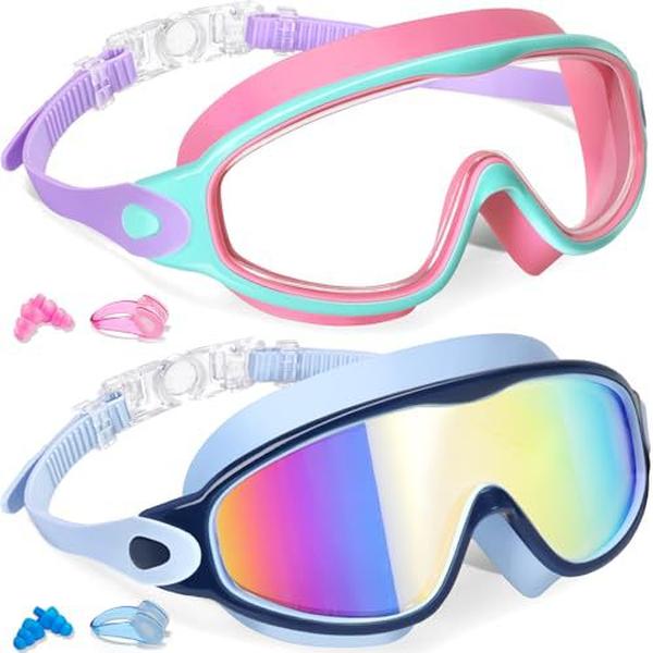 2 Pack Swim Goggles for Kids Ages 3-15 Anti-Fog Anti-UV Wide Vision Waterproof No Leak