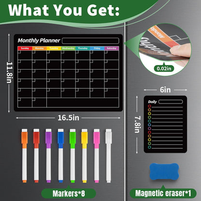 Magnetic Calendar for Refrigerator - Black Weekly Mouthly Planner Whiteboard for Fridge