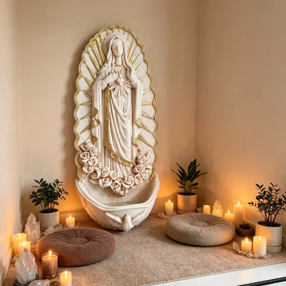Wall Mounted Virgin Mary Holy Water Font with Rosary Holder
