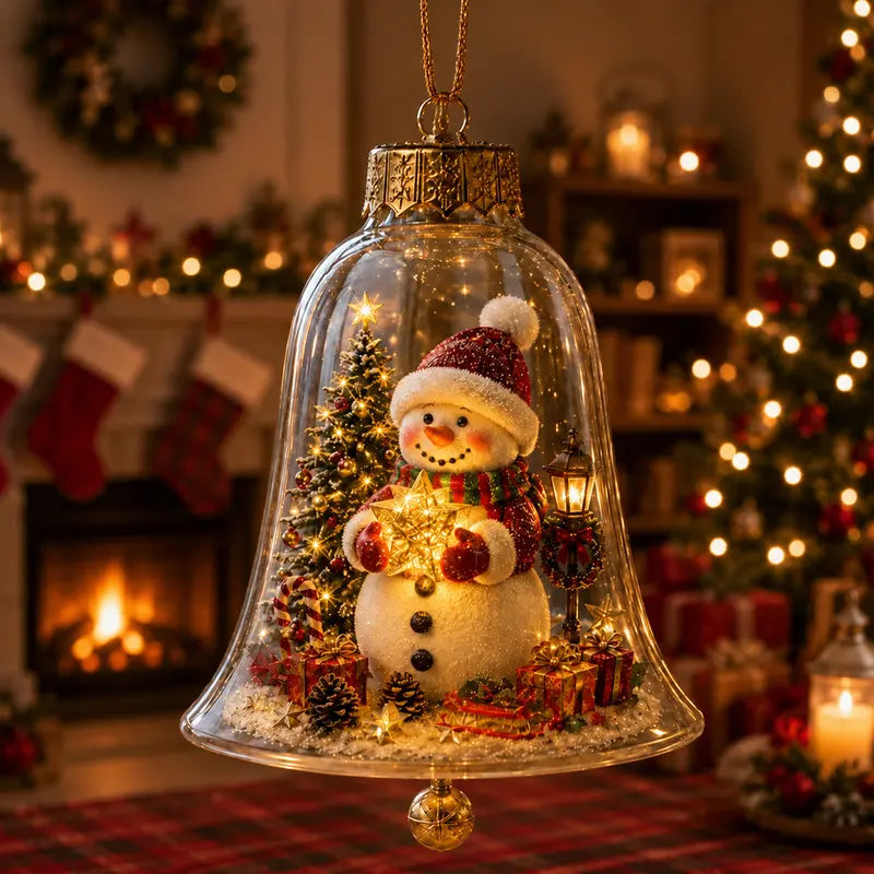 Miniature festive scene Christmas tree with glowing bell decoration