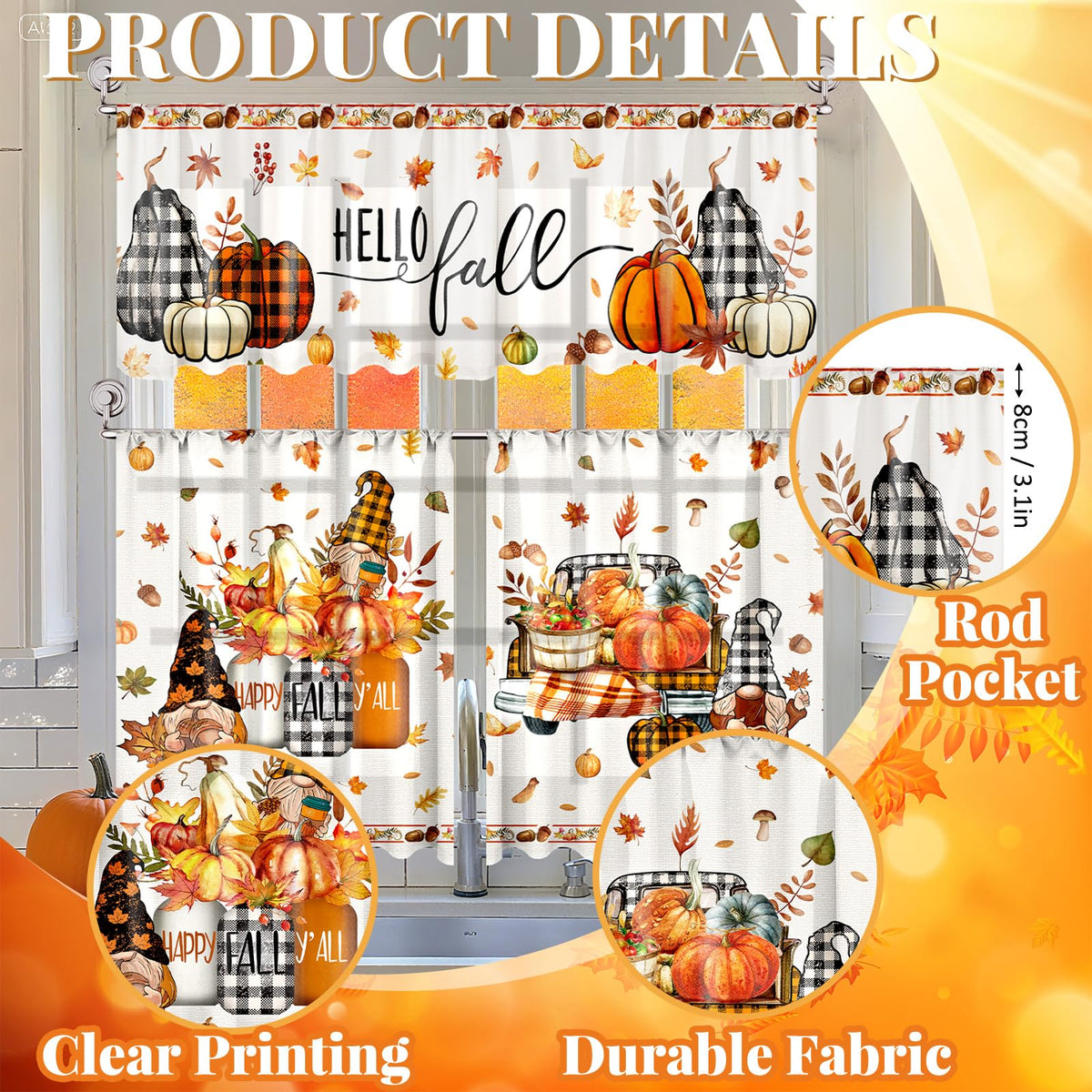 3 Pcs Fall-Halloween Kitchen Curtain Valance Tiers Set