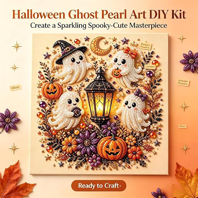 Halloween Ghost Pearl Art DIY Kit, 3D Pearl Mosaic Craft Set