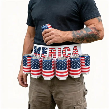 Patriotic USA Flag 6 Pack Can Holder Drink Belt, Classic Drinkware, Adjustable Holster for Men