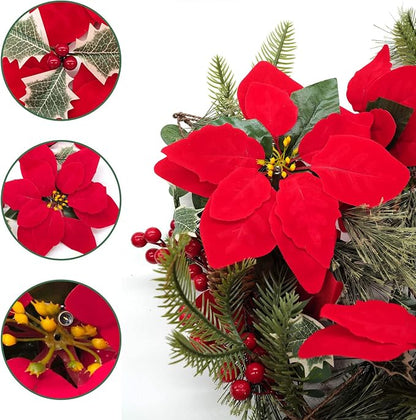 Poinsettia wreath decoration, adorned with red berries and holly leaves