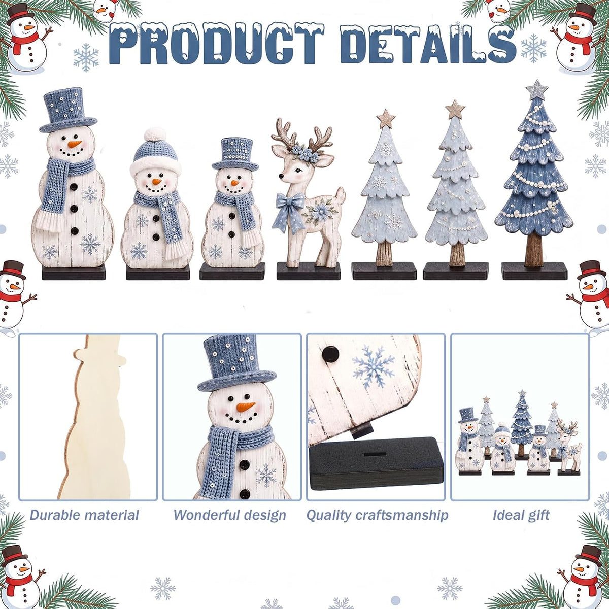 7 Pcs Christmas Table Decor Wooden Snowman Tree Deer Decor