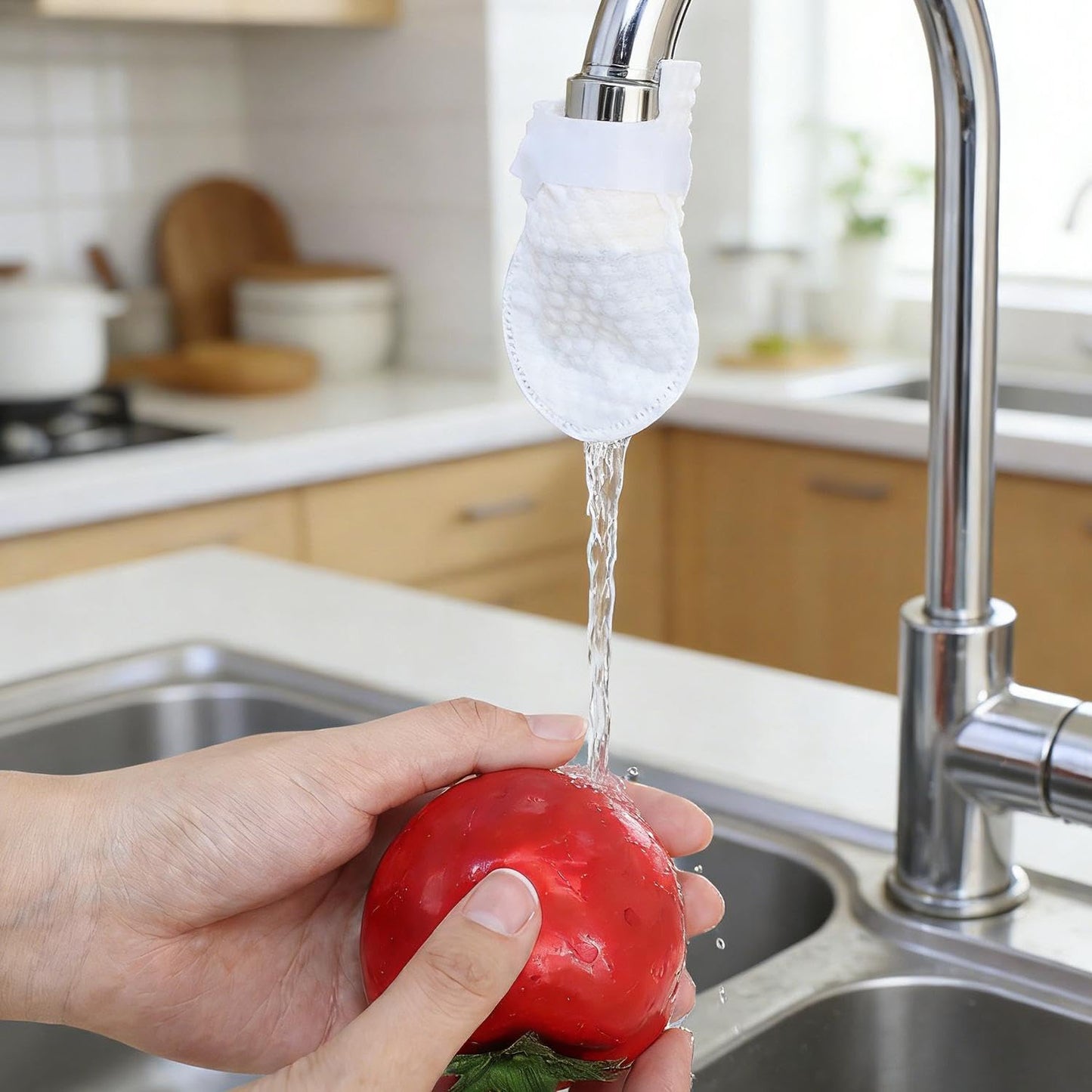Thickened, anti-splash universal faucet filter bags; includes 50 filter bags and 10 securing straps.