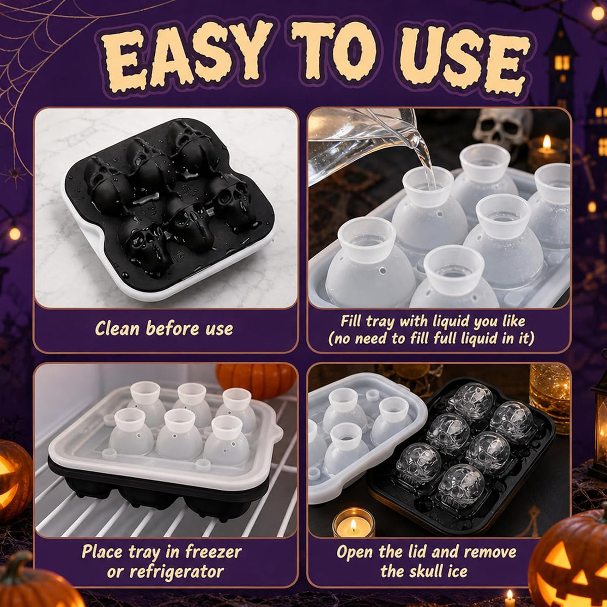 Skull Ice Cube Mold, 6-Cavity Silicone Ice Tray for Whiskey, Cocktails