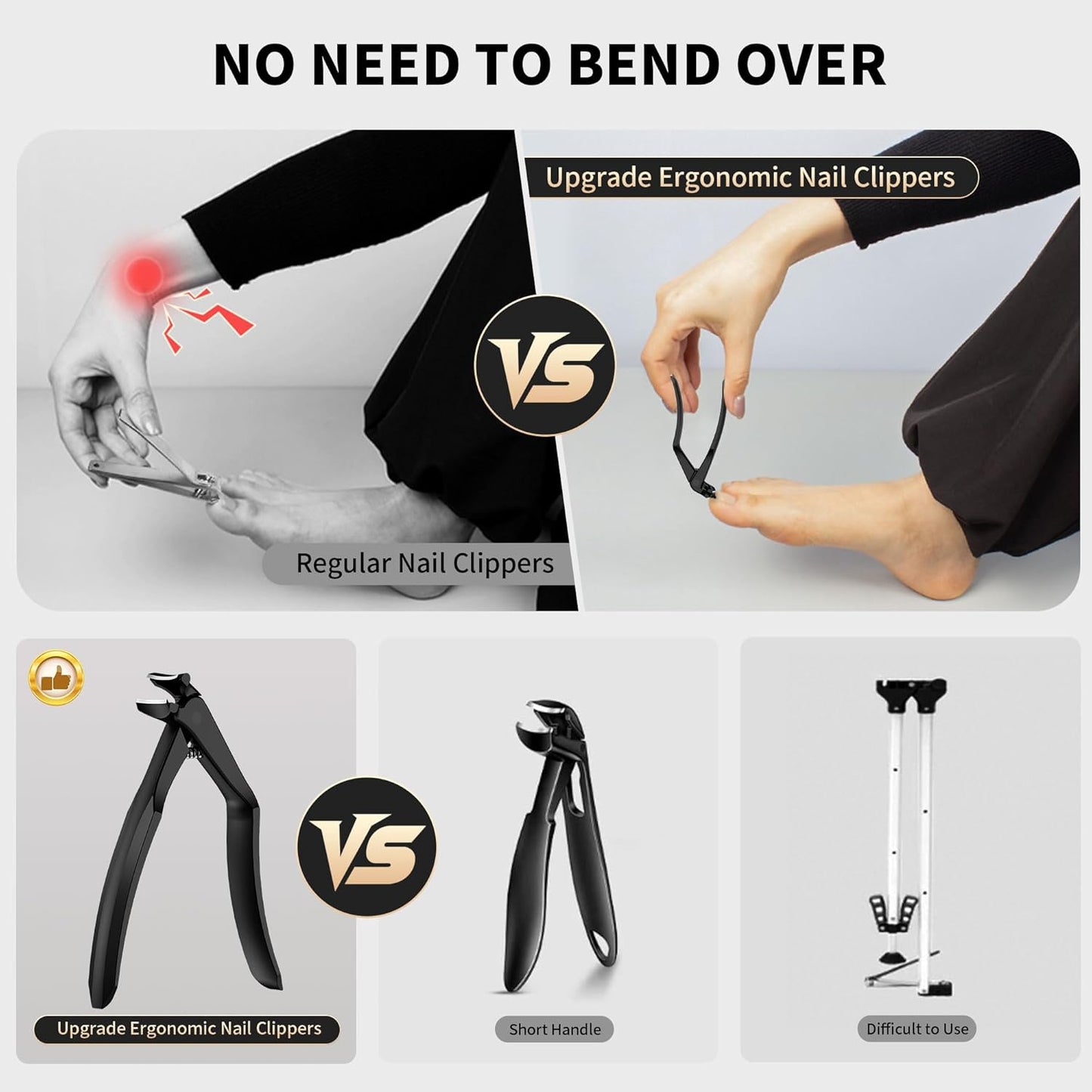 Professional Black Long-Handle Curved Toenail Clippers with Nail File Set